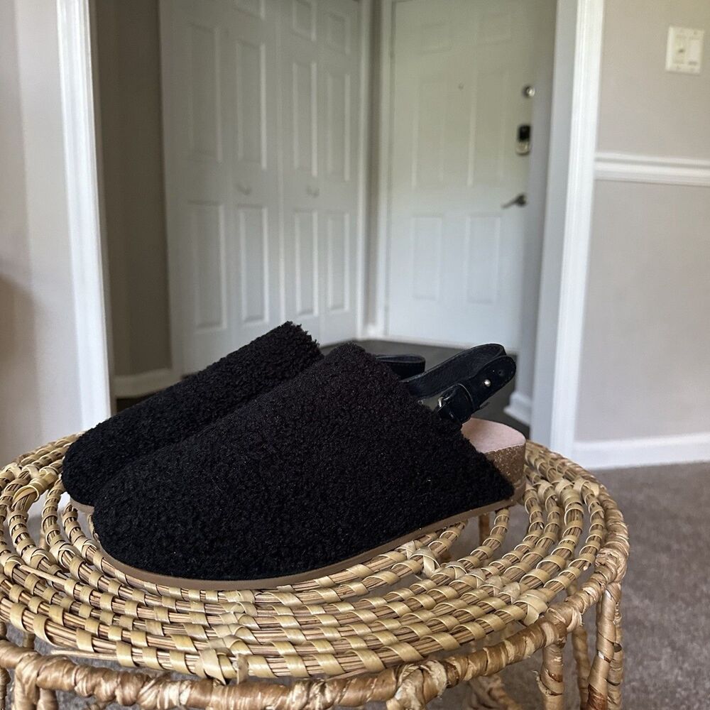 Splendid Clarissa Slipper Women's 8.5 Black Faux Shearling Slingback Cork Shoe